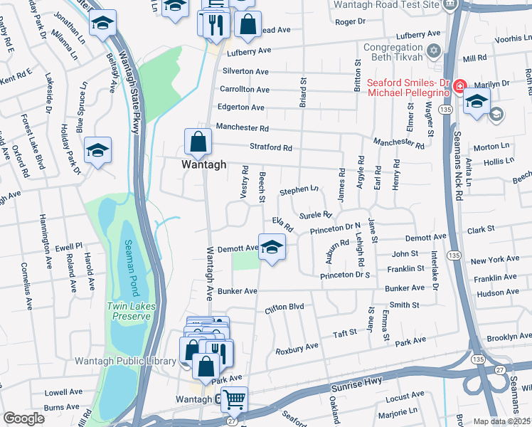 map of restaurants, bars, coffee shops, grocery stores, and more near in Wantagh