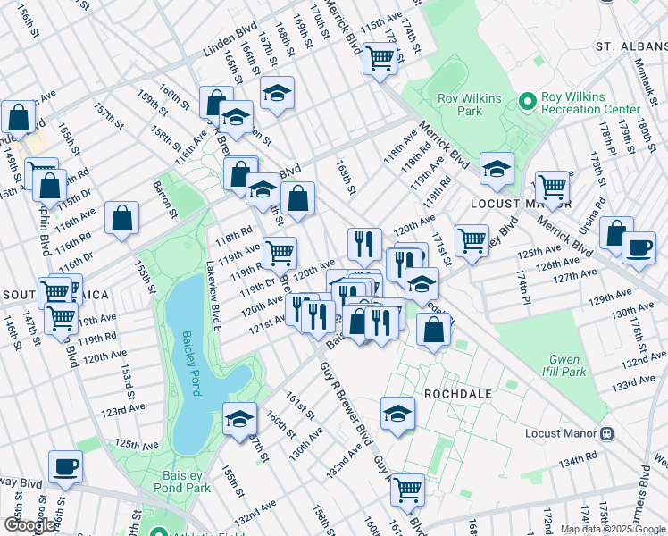 map of restaurants, bars, coffee shops, grocery stores, and more near 165-12 120th Avenue in Queens