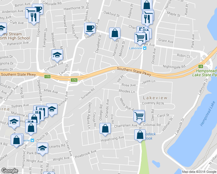 map of restaurants, bars, coffee shops, grocery stores, and more near 512 Rhodes Lane in West Hempstead