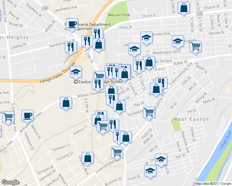 map of restaurants, bars, coffee shops, grocery stores, and more near 2469 Forest Street in Easton