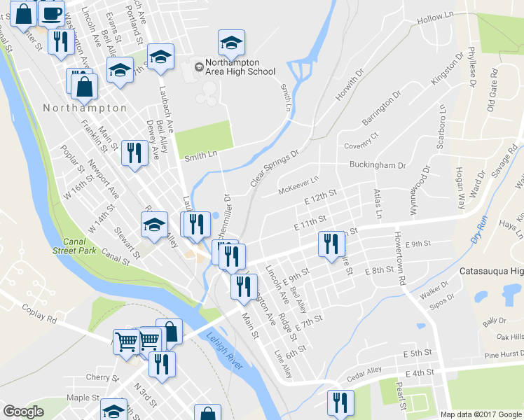 map of restaurants, bars, coffee shops, grocery stores, and more near 301 East 12th Street in Northampton