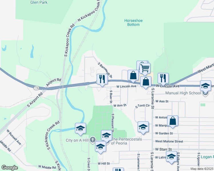 map of restaurants, bars, coffee shops, grocery stores, and more near 3507 West Lincoln Avenue in Peoria