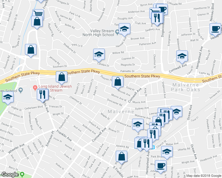 map of restaurants, bars, coffee shops, grocery stores, and more near 93 Woods Avenue in Malverne