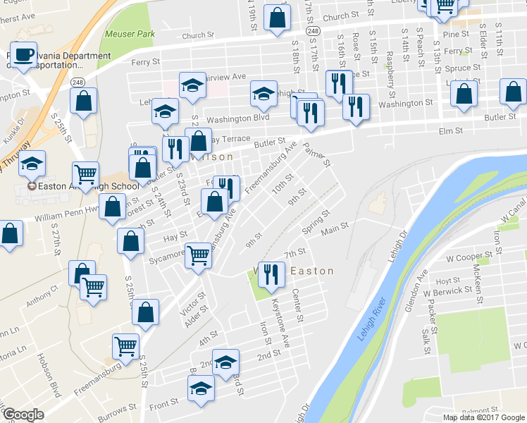 map of restaurants, bars, coffee shops, grocery stores, and more near 326 10th Street in Easton