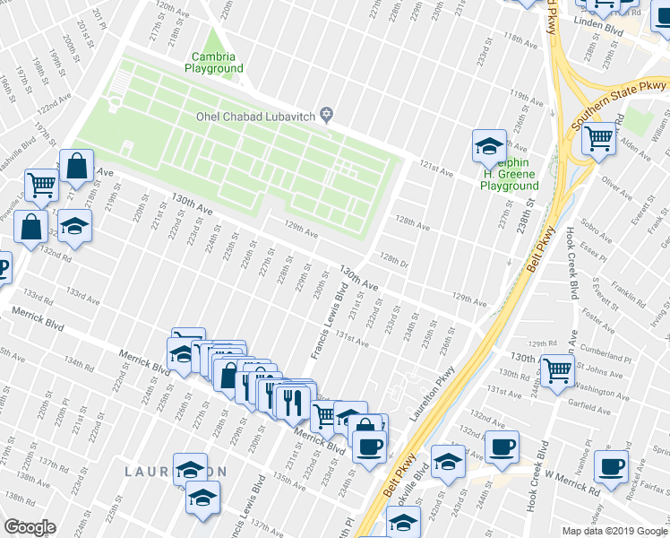 map of restaurants, bars, coffee shops, grocery stores, and more near 130-01 230th Street in Queens