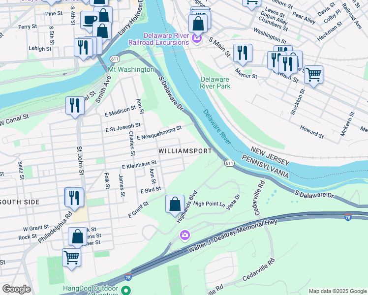 map of restaurants, bars, coffee shops, grocery stores, and more near 423 East Wilkes Barre Street in Easton
