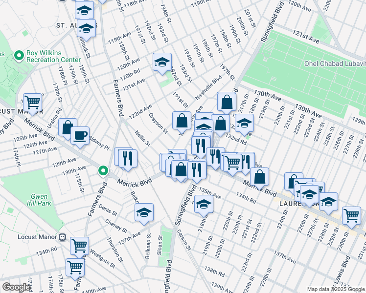 map of restaurants, bars, coffee shops, grocery stores, and more near 187-15 Pineville Lane in Queens