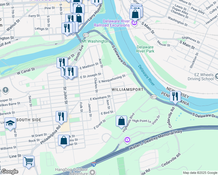 map of restaurants, bars, coffee shops, grocery stores, and more near 264 East Wilkes Barre Street in Easton