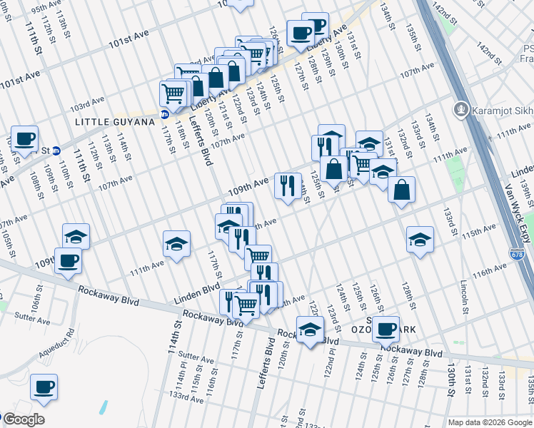 map of restaurants, bars, coffee shops, grocery stores, and more near 109-49 121st Street in Queens