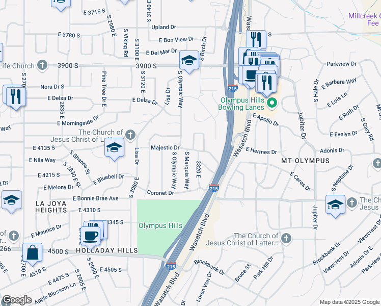 map of restaurants, bars, coffee shops, grocery stores, and more near 4143 South Marquis Way in Salt Lake City