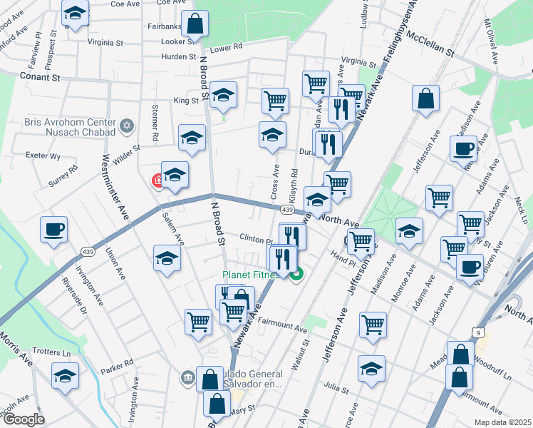 map of restaurants, bars, coffee shops, grocery stores, and more near 1338 North Avenue in Elizabeth