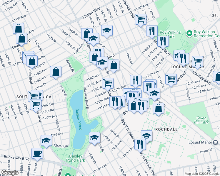 map of restaurants, bars, coffee shops, grocery stores, and more near 119-43 Guy R Brewer Boulevard in Queens