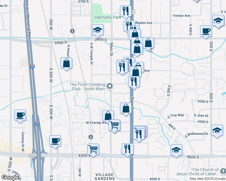 map of restaurants, bars, coffee shops, grocery stores, and more near 4141 South Main Street in Millcreek