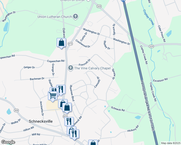 map of restaurants, bars, coffee shops, grocery stores, and more near 5174 Cassidy Drive in Schnecksville