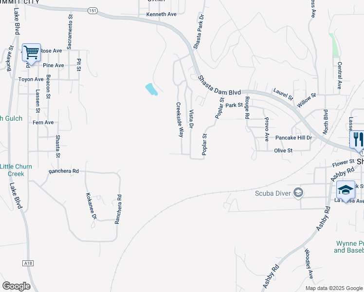 map of restaurants, bars, coffee shops, grocery stores, and more near 166 Creekside Way in Shasta Lake