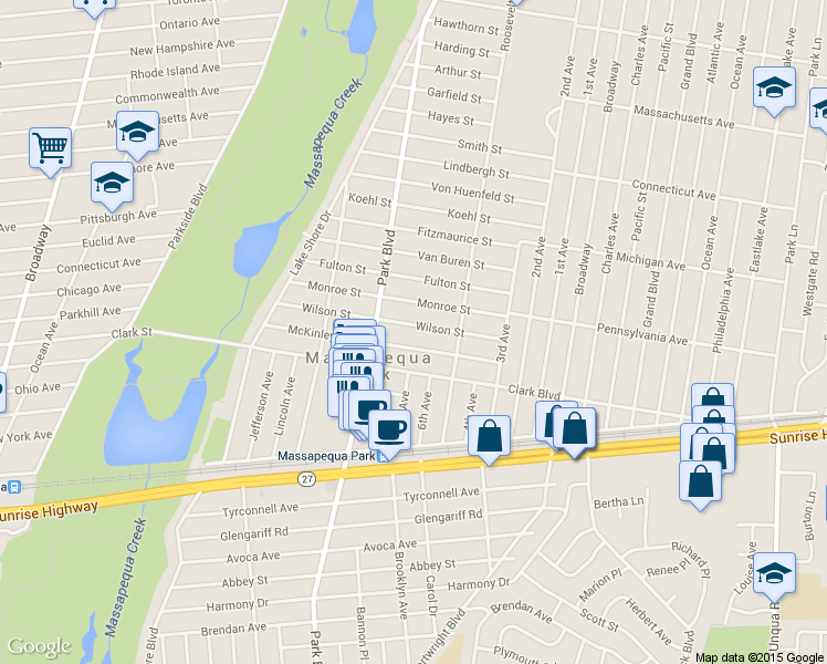 map of restaurants, bars, coffee shops, grocery stores, and more near 132 Wilson Street in Massapequa Park