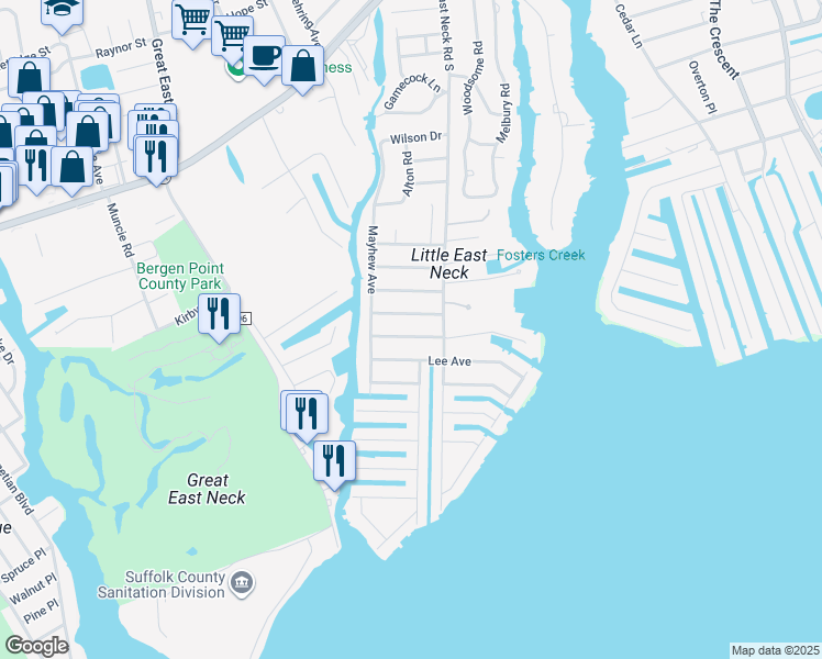 map of restaurants, bars, coffee shops, grocery stores, and more near 25 Tameling Avenue in Babylon