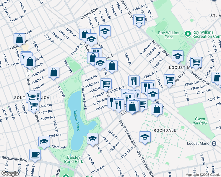 map of restaurants, bars, coffee shops, grocery stores, and more near 119-54 164th Street in Queens