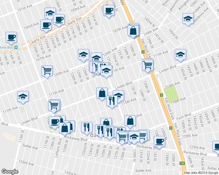 map of restaurants, bars, coffee shops, grocery stores, and more near 111-52 130th Street in Queens