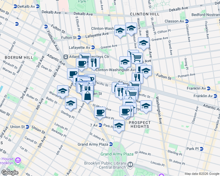 map of restaurants, bars, coffee shops, grocery stores, and more near 518 Carlton Avenue in Brooklyn