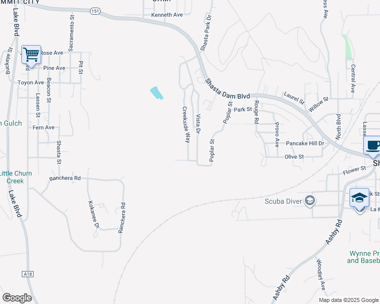 map of restaurants, bars, coffee shops, grocery stores, and more near 166 Creekside Way in Shasta Lake
