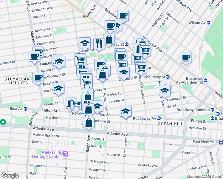 map of restaurants, bars, coffee shops, grocery stores, and more near 346 Chauncey Street in Brooklyn