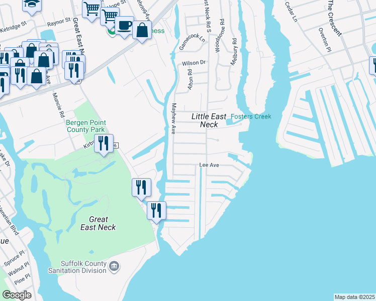 map of restaurants, bars, coffee shops, grocery stores, and more near 25 Tameling Avenue in Babylon