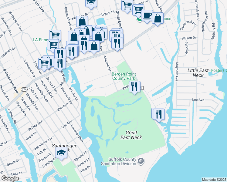 map of restaurants, bars, coffee shops, grocery stores, and more near 681 Kirby Lane in West Babylon