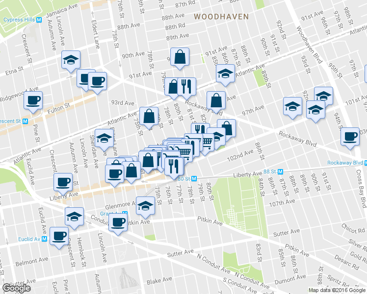 map of restaurants, bars, coffee shops, grocery stores, and more near 97-21 78th Street in Queens