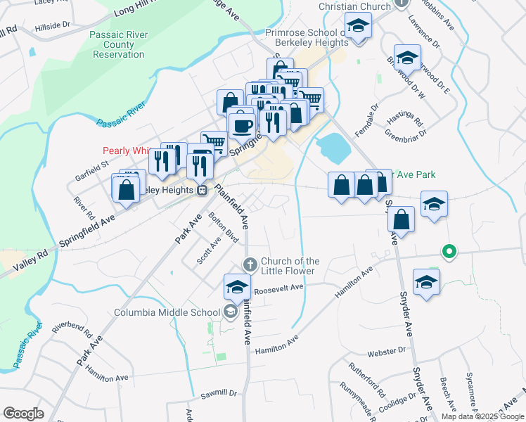 map of restaurants, bars, coffee shops, grocery stores, and more near 22 Castle Drive in Berkeley Heights