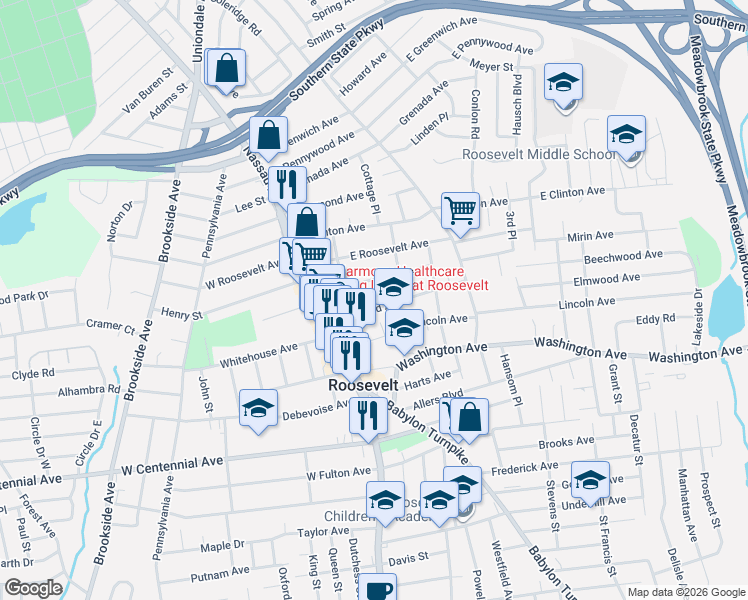 map of restaurants, bars, coffee shops, grocery stores, and more near 61 Lakewood Ave in Roosevelt