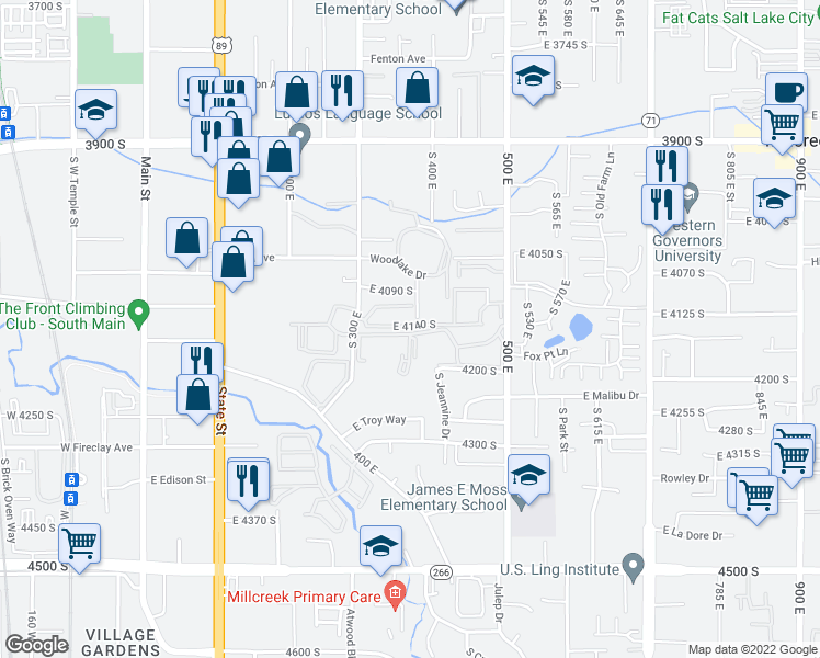 map of restaurants, bars, coffee shops, grocery stores, and more near 388 East 4140 South in Millcreek
