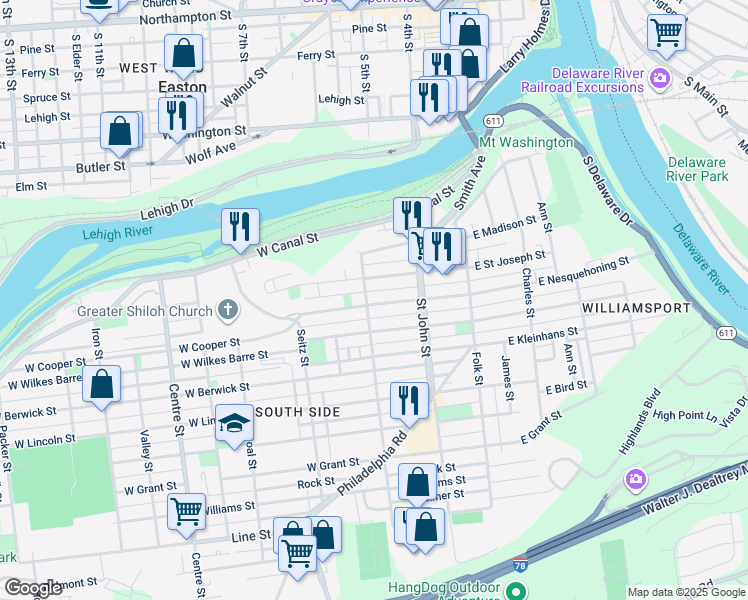 map of restaurants, bars, coffee shops, grocery stores, and more near 285 West Nesquehoning Street in Easton