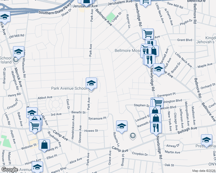 map of restaurants, bars, coffee shops, grocery stores, and more near 1553 Sycamore Avenue in Merrick