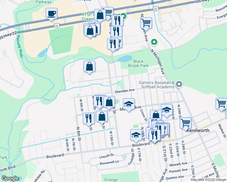 map of restaurants, bars, coffee shops, grocery stores, and more near 301 North 15th Street in Kenilworth
