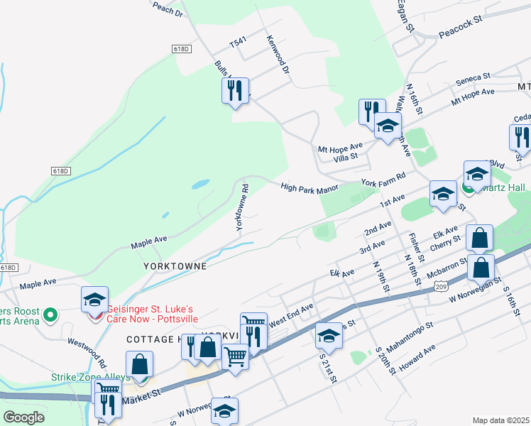 map of restaurants, bars, coffee shops, grocery stores, and more near 2049 Yokewood Road in Pottsville