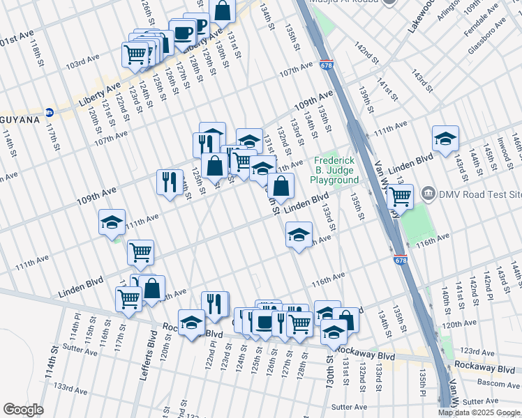 map of restaurants, bars, coffee shops, grocery stores, and more near 111-52 130th Street in Queens