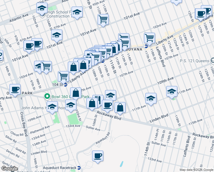 map of restaurants, bars, coffee shops, grocery stores, and more near 107-15 109th Street in Queens