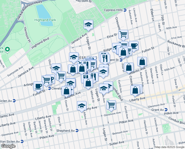 map of restaurants, bars, coffee shops, grocery stores, and more near 202 Logan Street in Brooklyn
