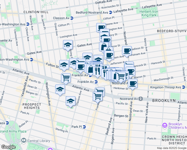 map of restaurants, bars, coffee shops, grocery stores, and more near 1138 Fulton Street in Brooklyn