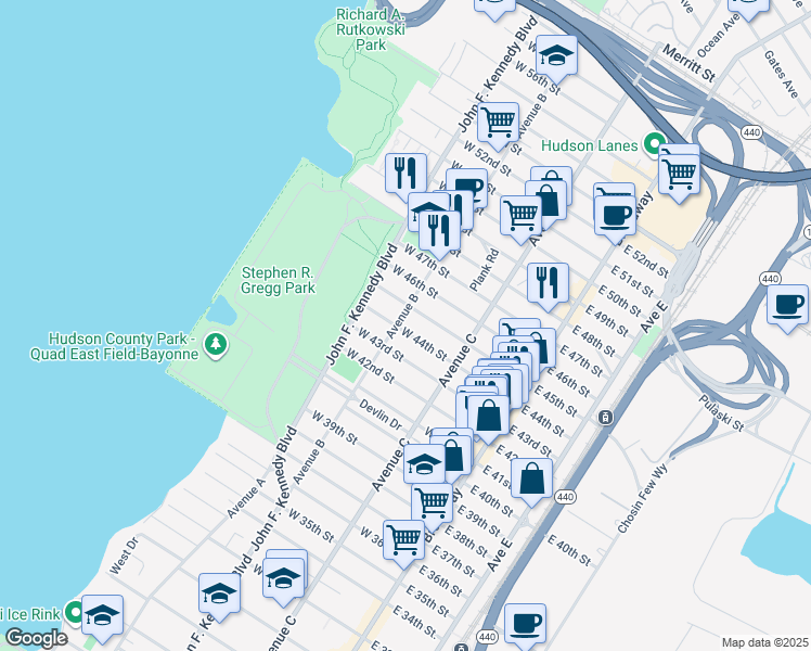 map of restaurants, bars, coffee shops, grocery stores, and more near 98 West 45th Street in Bayonne