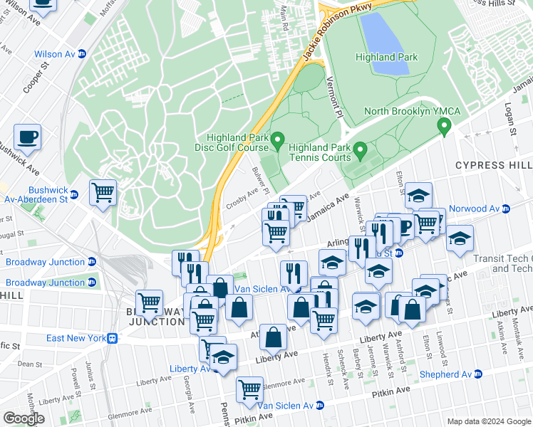 map of restaurants, bars, coffee shops, grocery stores, and more near 220 Highland Boulevard in Brooklyn