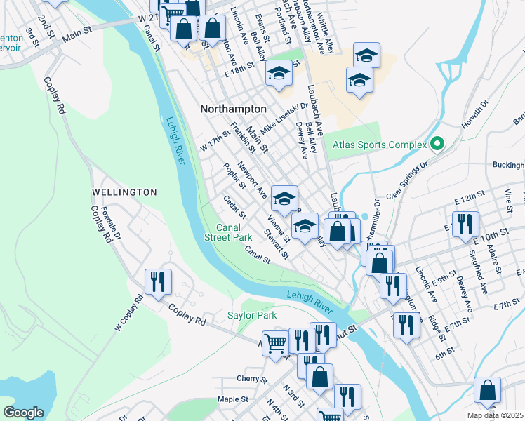 map of restaurants, bars, coffee shops, grocery stores, and more near 124 West 14th Street in Northampton