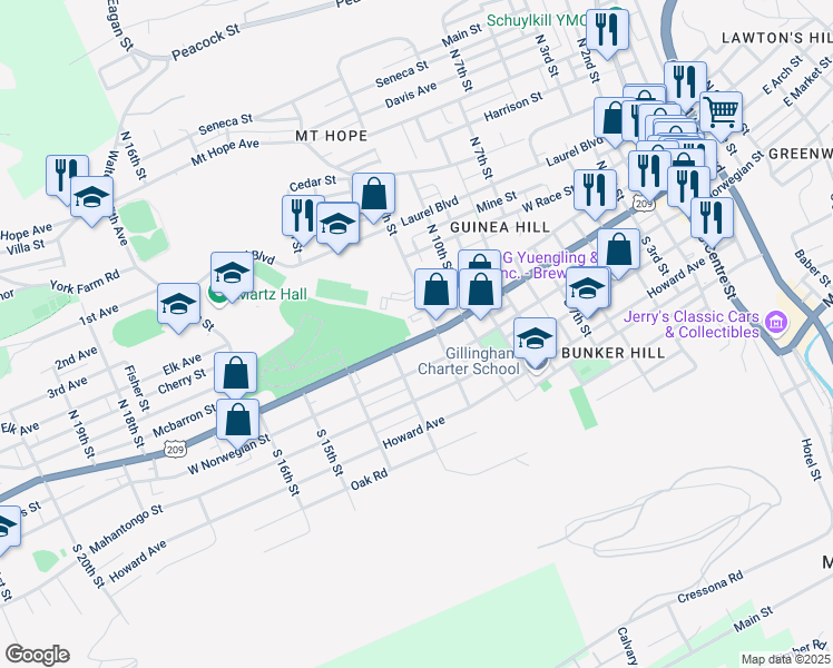 map of restaurants, bars, coffee shops, grocery stores, and more near 1218 West Market Street in Pottsville