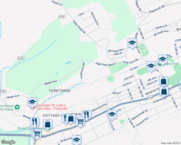 map of restaurants, bars, coffee shops, grocery stores, and more near 2049 Yokewood Road in Pottsville