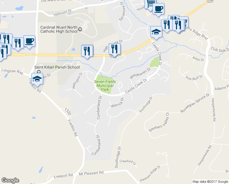 map of restaurants, bars, coffee shops, grocery stores, and more near 805 Wilshire Cir in Seven Fields