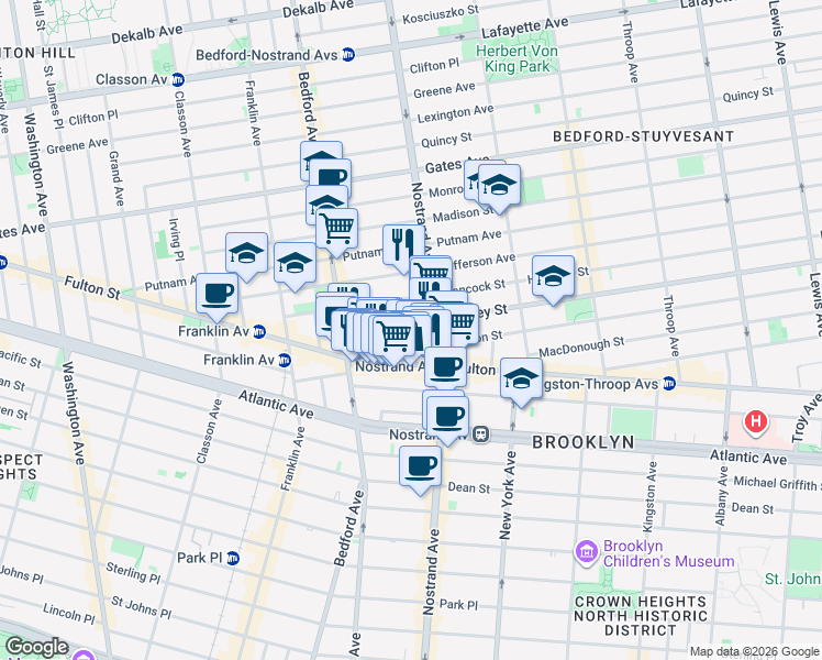 map of restaurants, bars, coffee shops, grocery stores, and more near 68 Halsey Street in Brooklyn