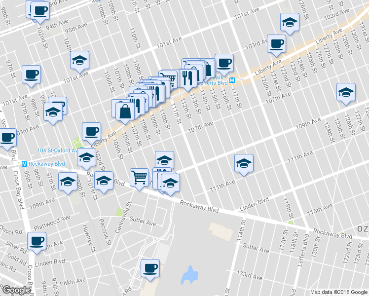 map of restaurants, bars, coffee shops, grocery stores, and more near 107-30 111th Street in Queens