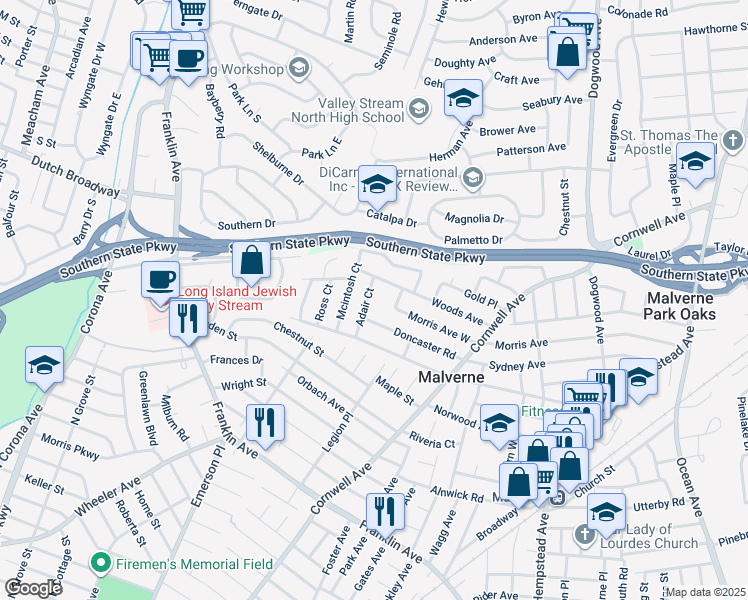 map of restaurants, bars, coffee shops, grocery stores, and more near 48 Adair Court in Malverne