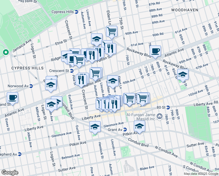 map of restaurants, bars, coffee shops, grocery stores, and more near 49 Sheridan Avenue in Brooklyn